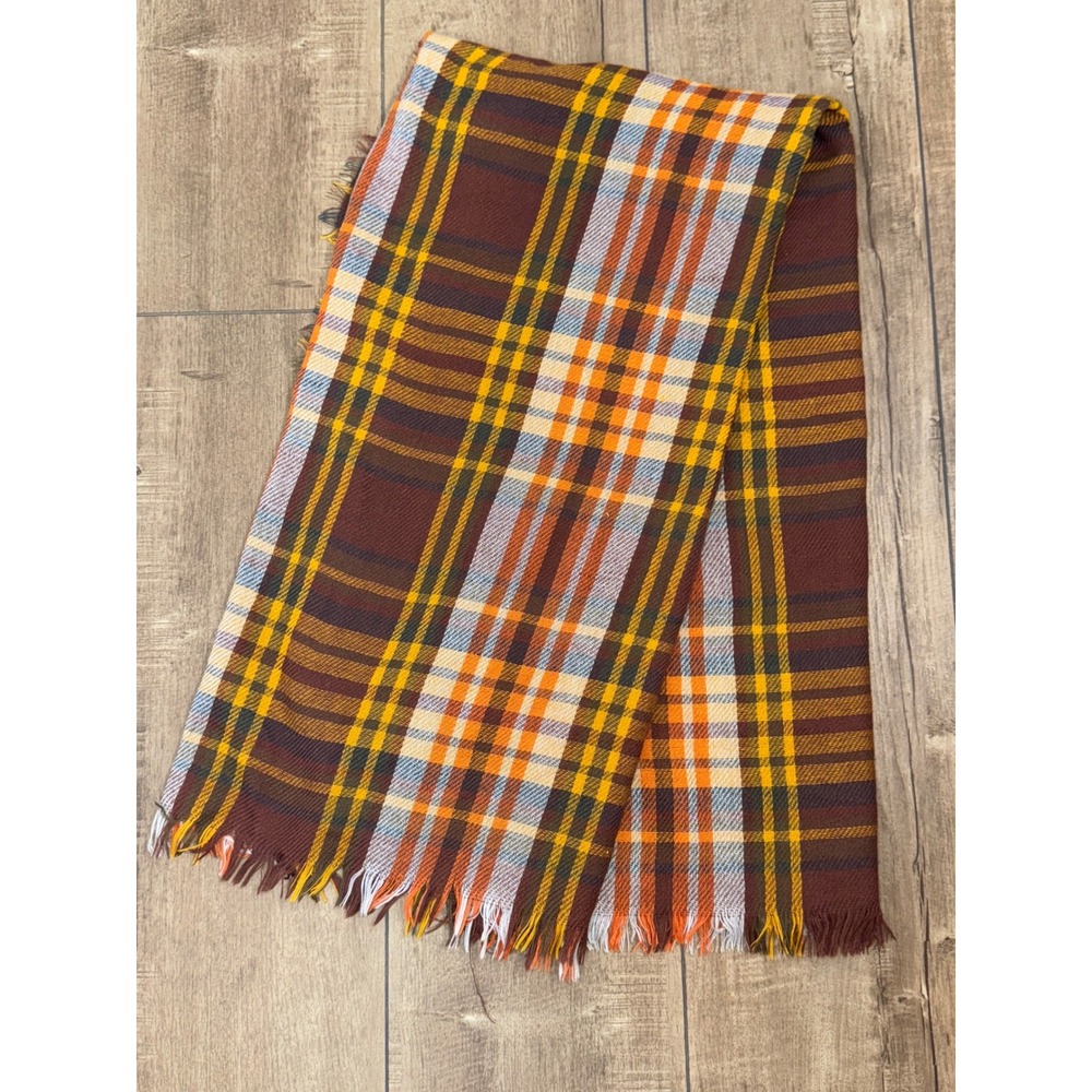 Vintage Plaid Scarf Women Brown Yellow Orange Fringe Accent‎